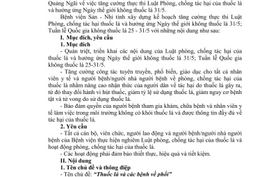 KẾ HOẠCH V/V TĂNG CƯỜNG THỰC THI LUẬT PHÒNG, CHỐNG TÁC HẠI CỦA THUỐC LÁ VÀ HƯỞNG ỨNG NGÀY THẾ GIỚI KHÔNG THUỐC LÁ 31/5